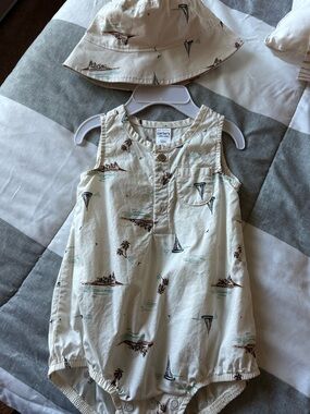 Carter's Cream Nautical Print Romper and Hat Set
